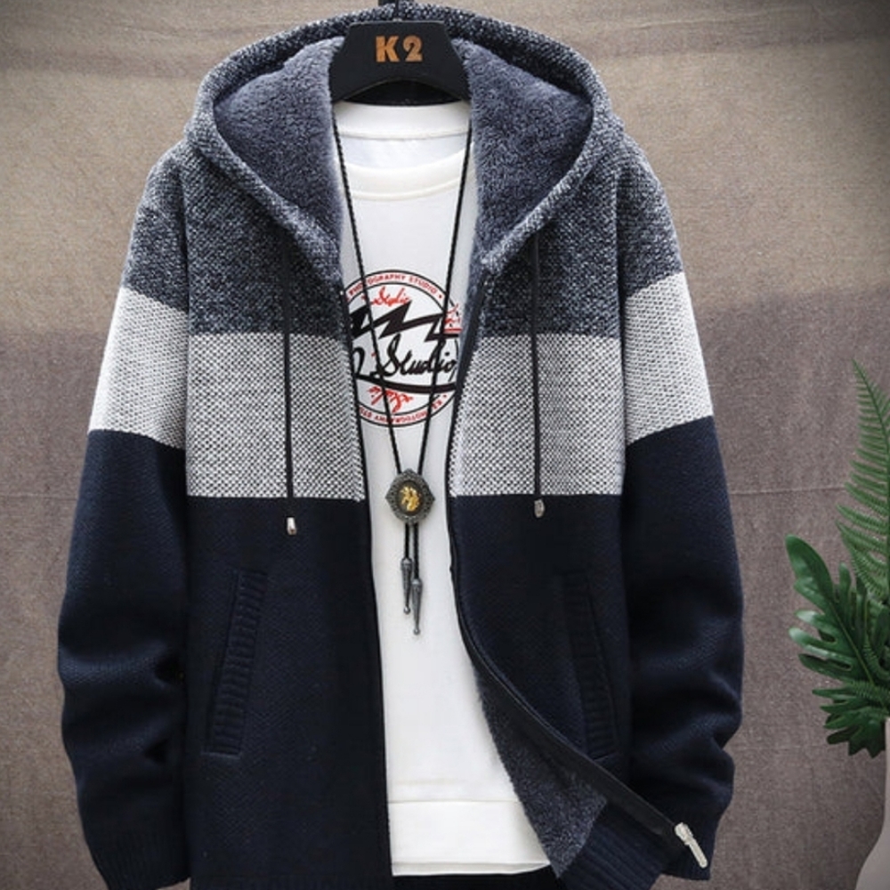 Men's Knit Cardigan Hooded Jacket In Navy Blue